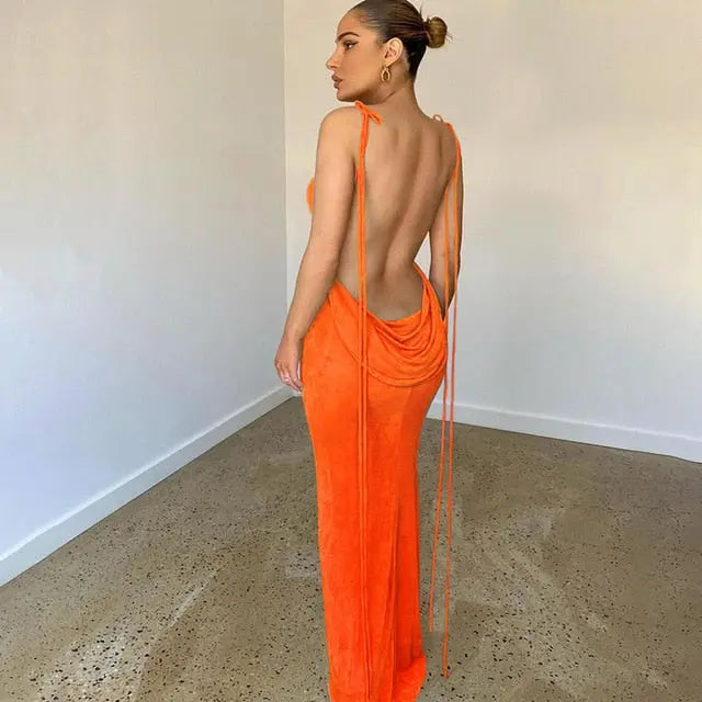 Open Back Slim Cami Strap Long Dresses - GLR SHOPPING