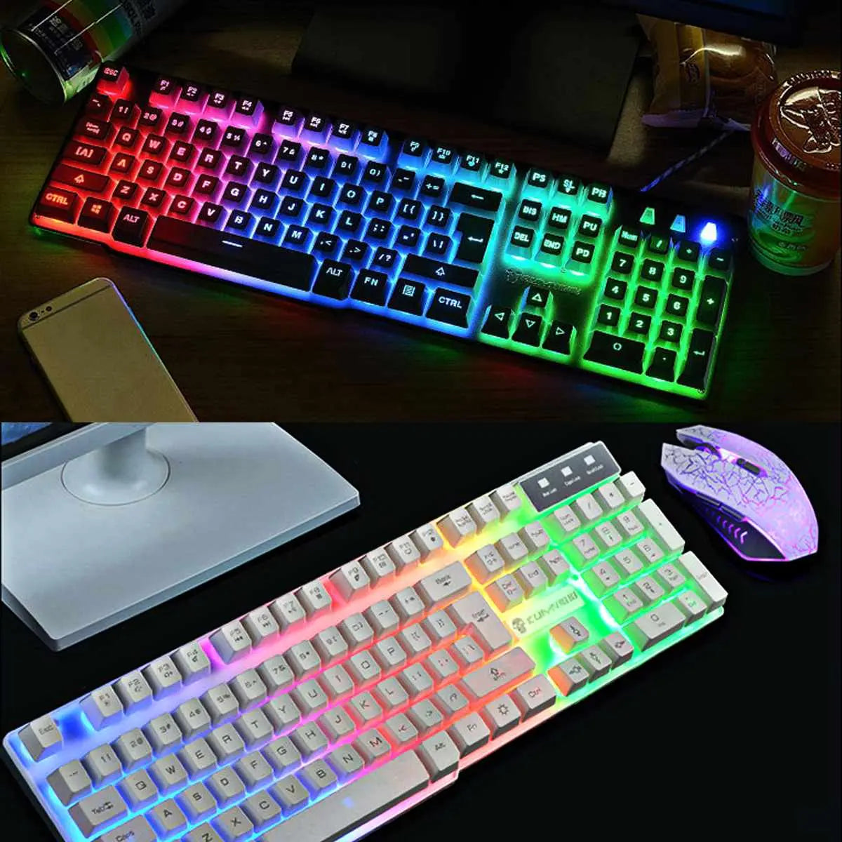 LED Rainbow Backlight USB Ergonomic Wired Gaming Keyboard + 2400DPI Mouse + Mouse Pad Set Kit for PC Laptop Computer Gamer - GLR SHOPPING