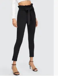 Elegant Frill Trim Bow Belted Detail Solid High Waist Pants - GLR SHOPPING