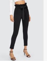 Elegant Frill Trim Bow Belted Detail Solid High Waist Pants