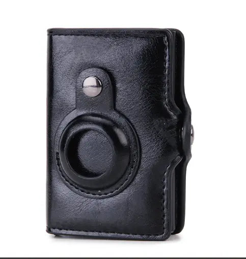 a black leather camera case on a white background