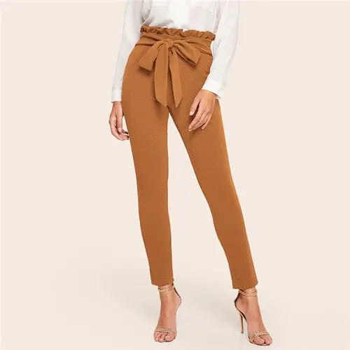 Elegant Frill Trim Bow Belted Detail Solid High Waist Pants - GLR SHOPPING