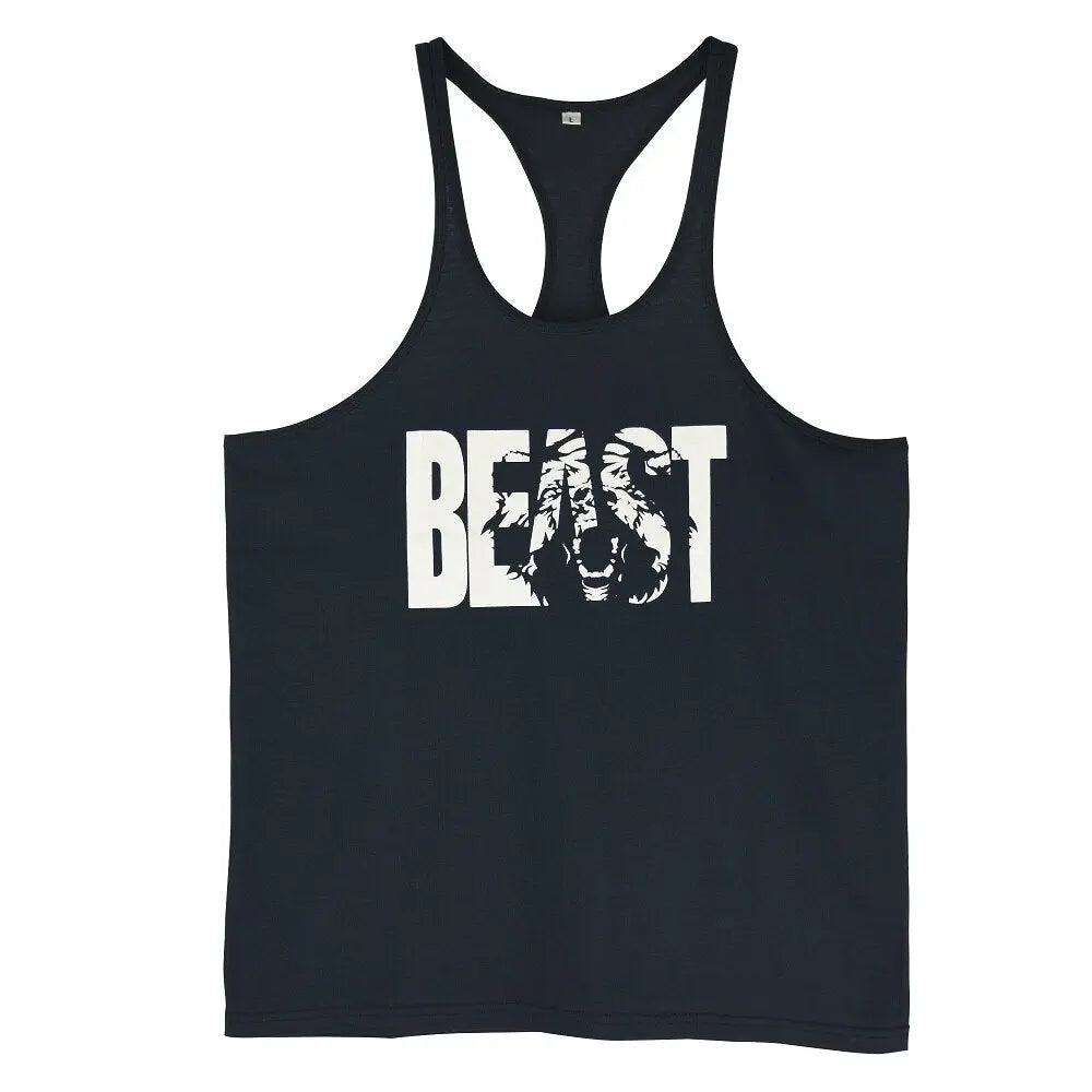 Men's Gym Workout Printed "BEAST" Tank Tops  Y Back Fitness Thin Shoulder Strap Muscle Fit Stringer Bodybuilding Extreme Tee - GLR SHOPPING