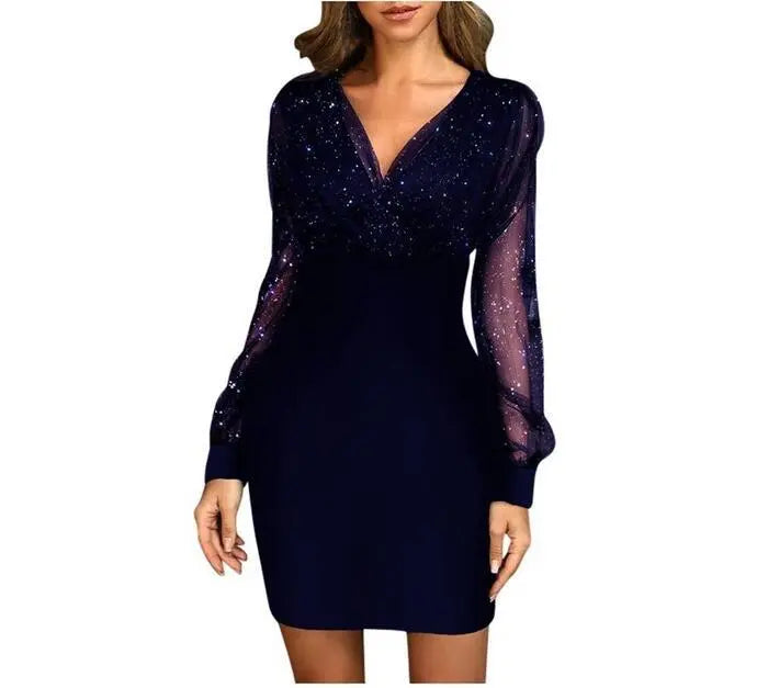 Mesh V-Neck Sequin Dress Slim Fit Sexy Dress - GLR SHOPPING