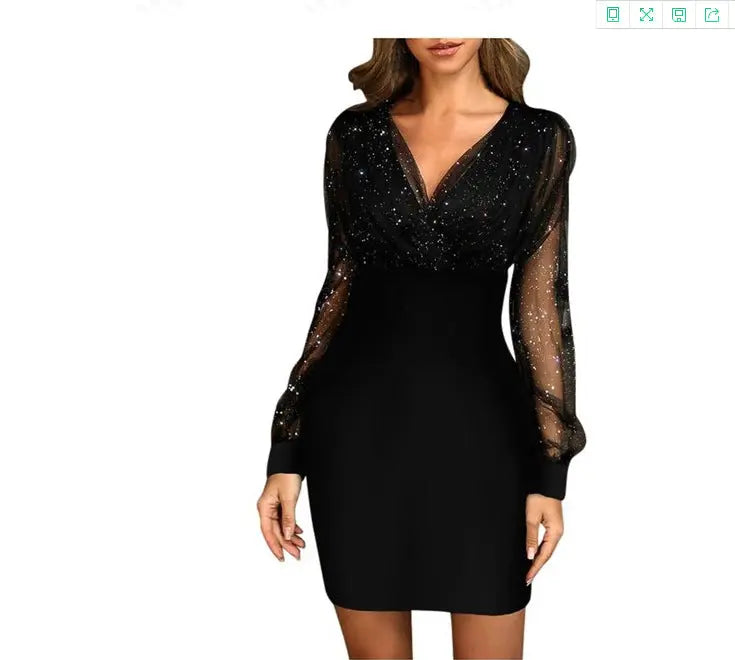 Mesh V-Neck Sequin Dress Slim Fit Sexy Dress - GLR SHOPPING