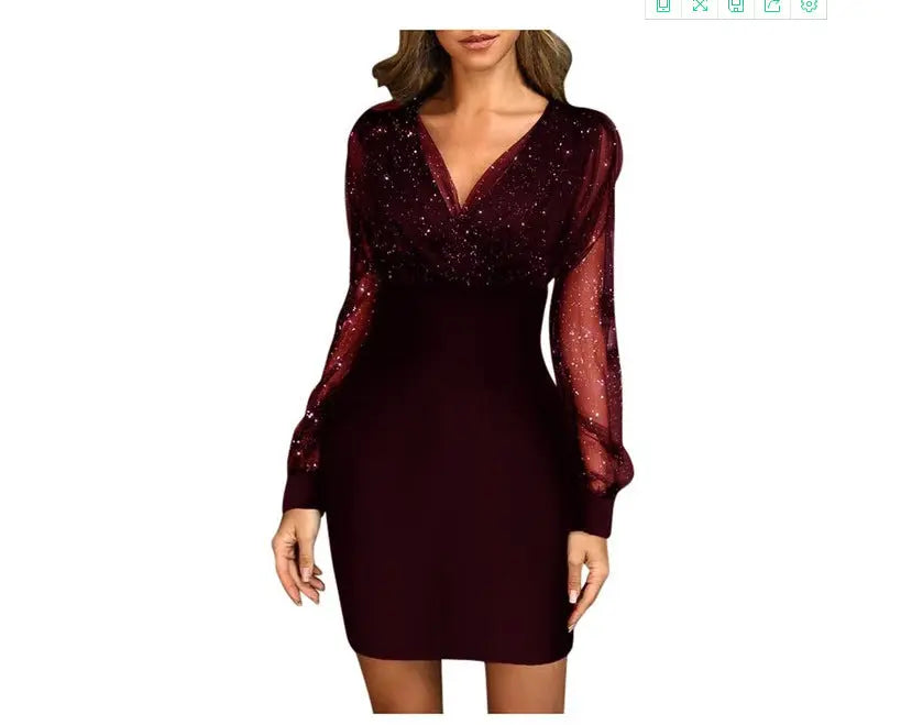 Mesh V-Neck Sequin Dress Slim Fit Sexy Dress - GLR SHOPPING