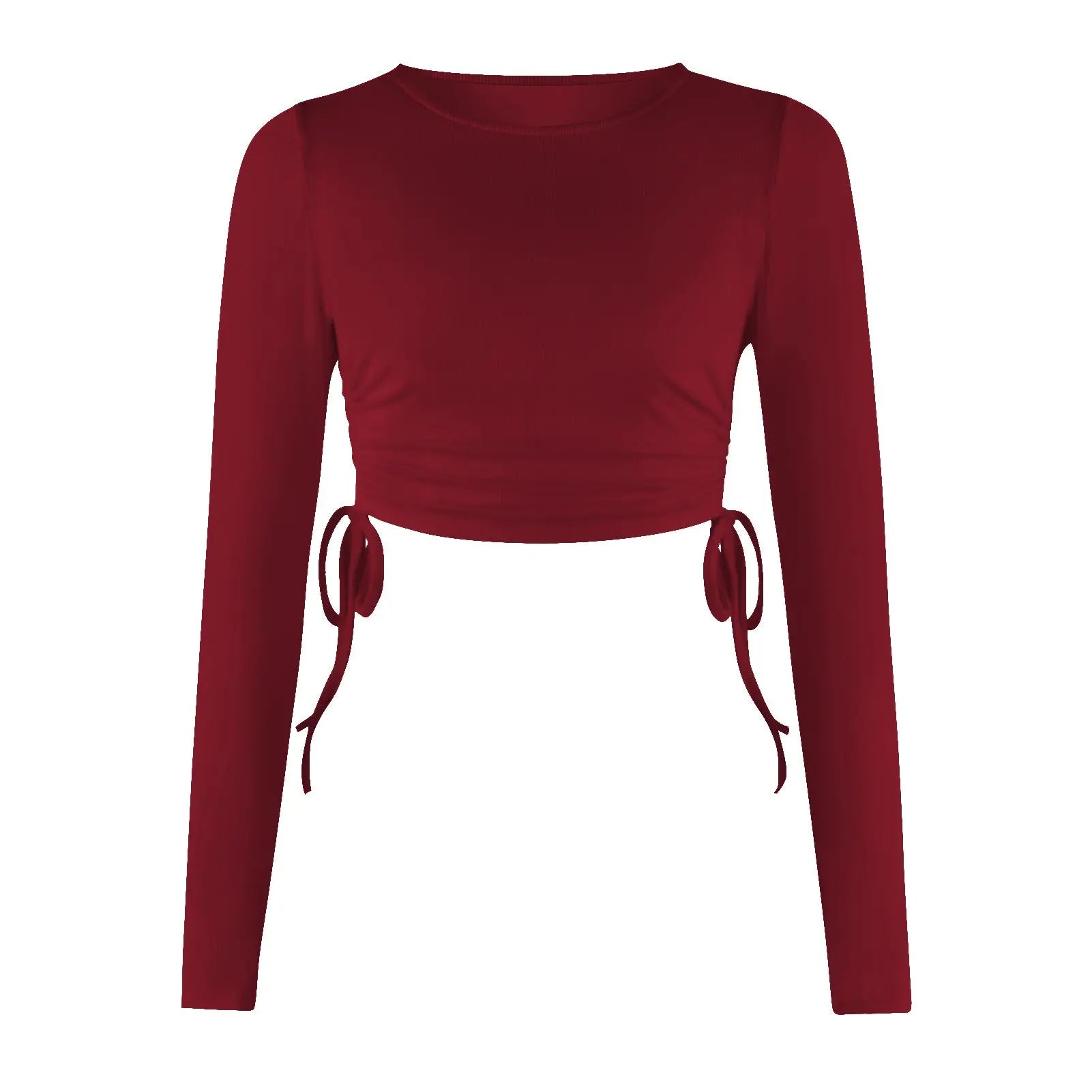 Trendy Drawstring Crew Neck Long Sleeve Cropped Navel T-Shirt - GLR SHOPPING