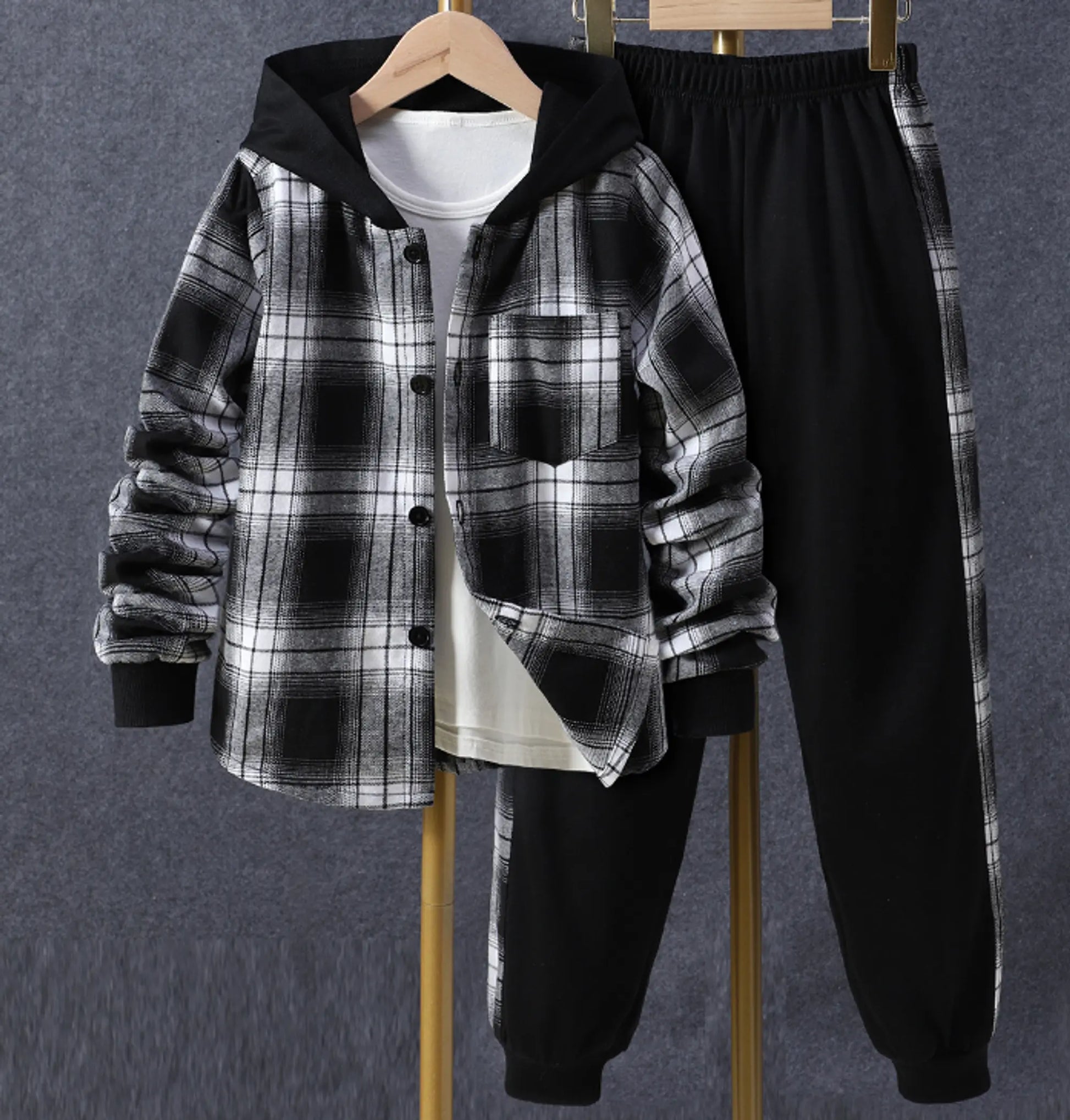 Toddler Kids Baby Boys 2Pcs Spring Autumn Outfits, Long Sleeve Plaid Print Hooded Shirt Jacket and Pants Set 1-5T - GLR SHOPPING