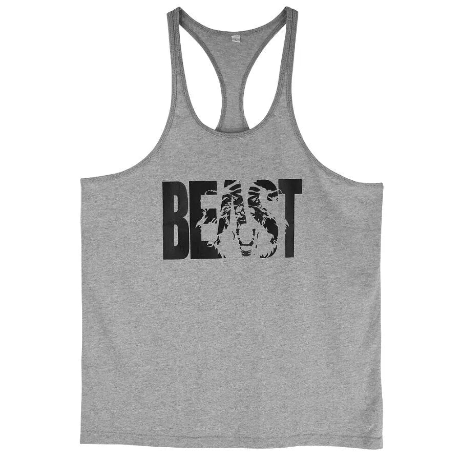 Men's Gym Workout Printed "BEAST" Tank Tops  Y Back Fitness Thin Shoulder Strap Muscle Fit Stringer Bodybuilding Extreme Tee - GLR SHOPPING