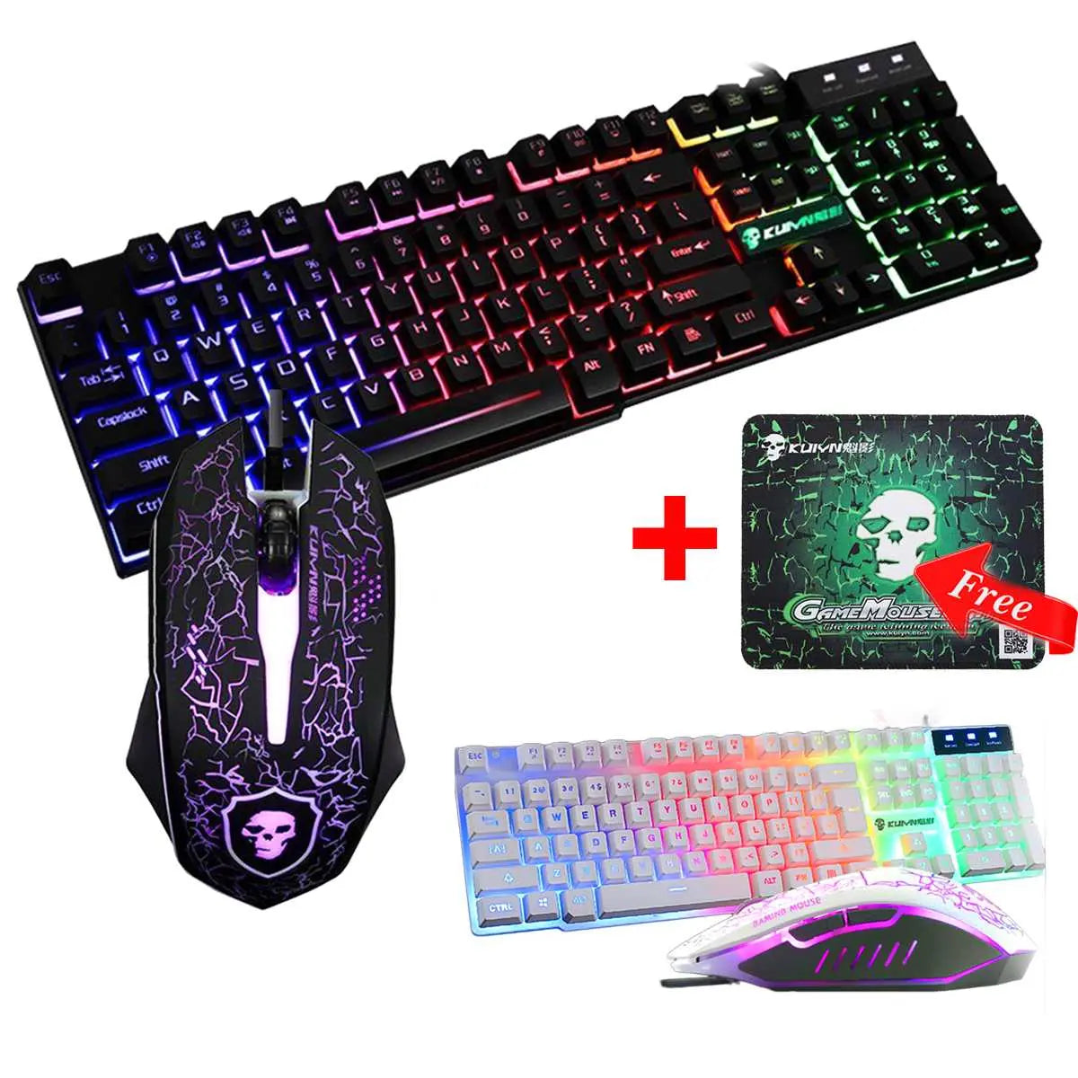 LED Rainbow Backlight USB Ergonomic Wired Gaming Keyboard + 2400DPI Mouse + Mouse Pad Set Kit for PC Laptop Computer Gamer - GLR SHOPPING