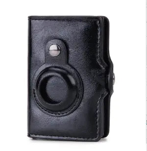 a black leather case with a button on it