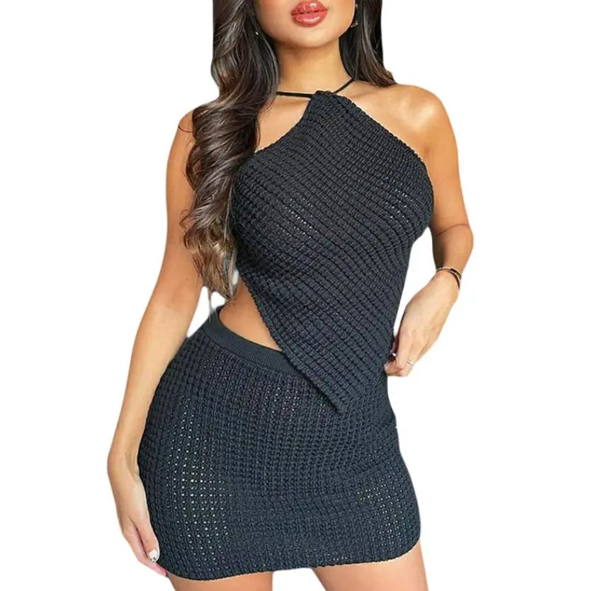 Halter Neck Striped Top High Waist Short Dress Sets - GLR SHOPPING