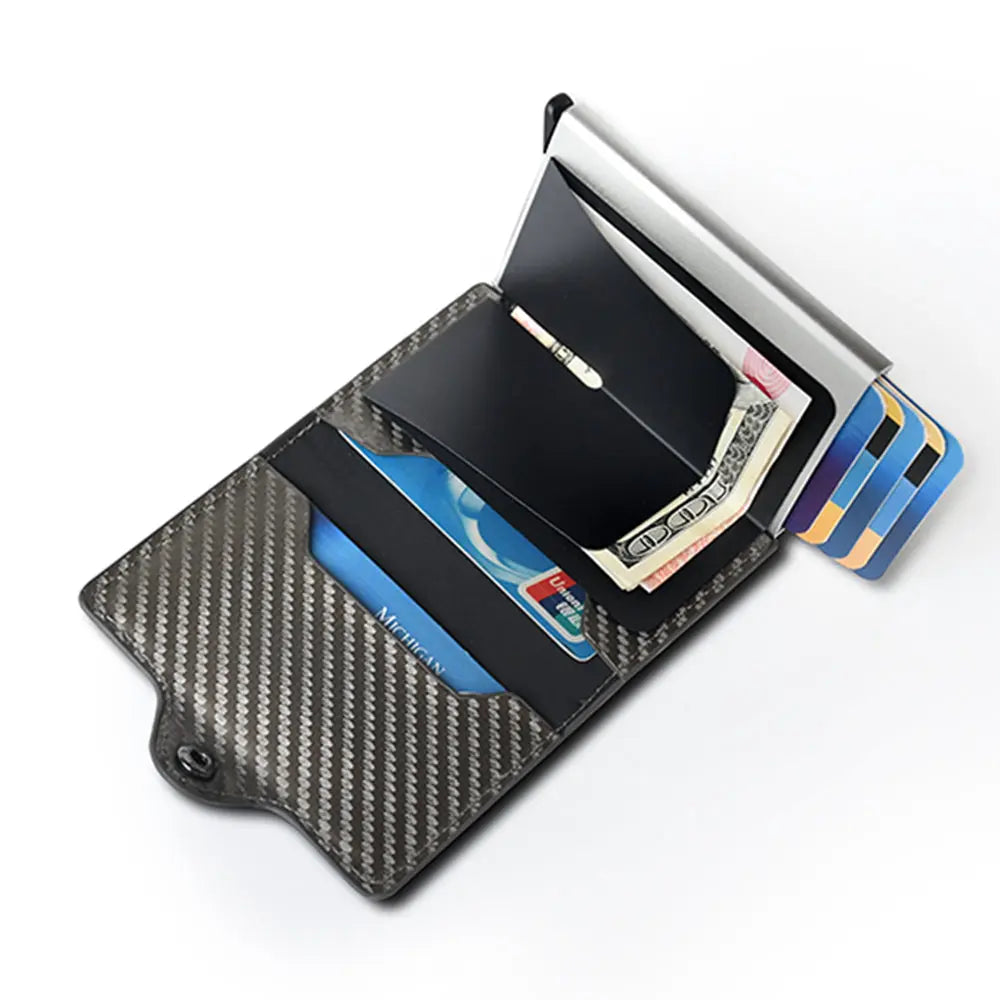 a wallet with a credit card and money sticking out of it