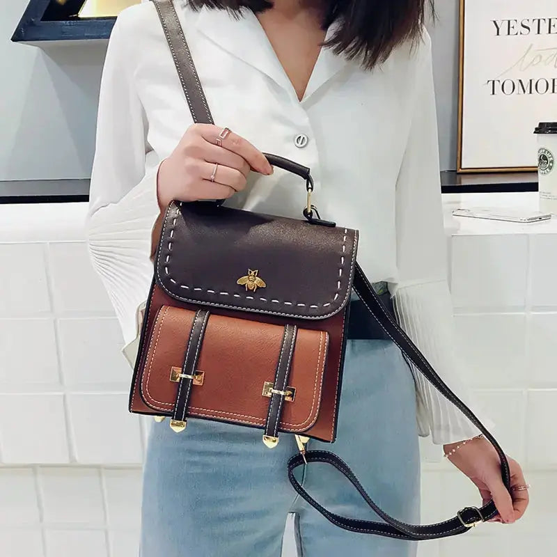 Vintage Paneled PU Leather Women Backpack - GLR SHOPPING