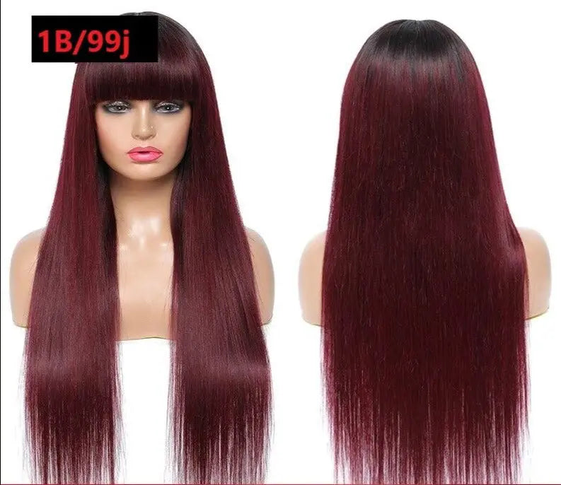 #1B/99J Brazilian Straight Human Hair Wigs with Bangs #99J No Glue Wig - GLR SHOPPING