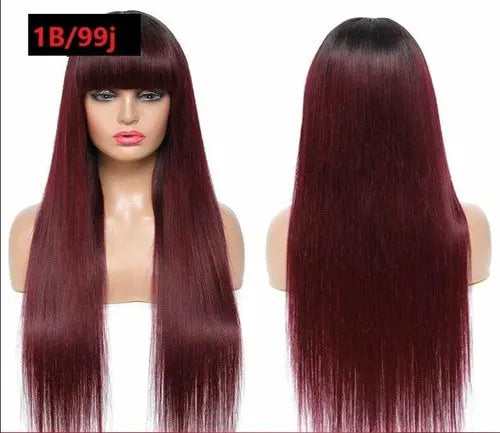 #1B/99J Brazilian Straight Human Hair Wigs with Bangs #99J No Glue Wig - GLR SHOPPING