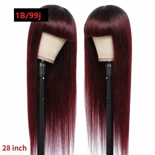 #1B/99J Brazilian Straight Human Hair Wigs with Bangs #99J No Glue Wig - GLR SHOPPING