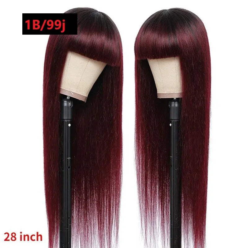 #1B/99J Brazilian Straight Human Hair Wigs with Bangs #99J No Glue Wig - GLR SHOPPING
