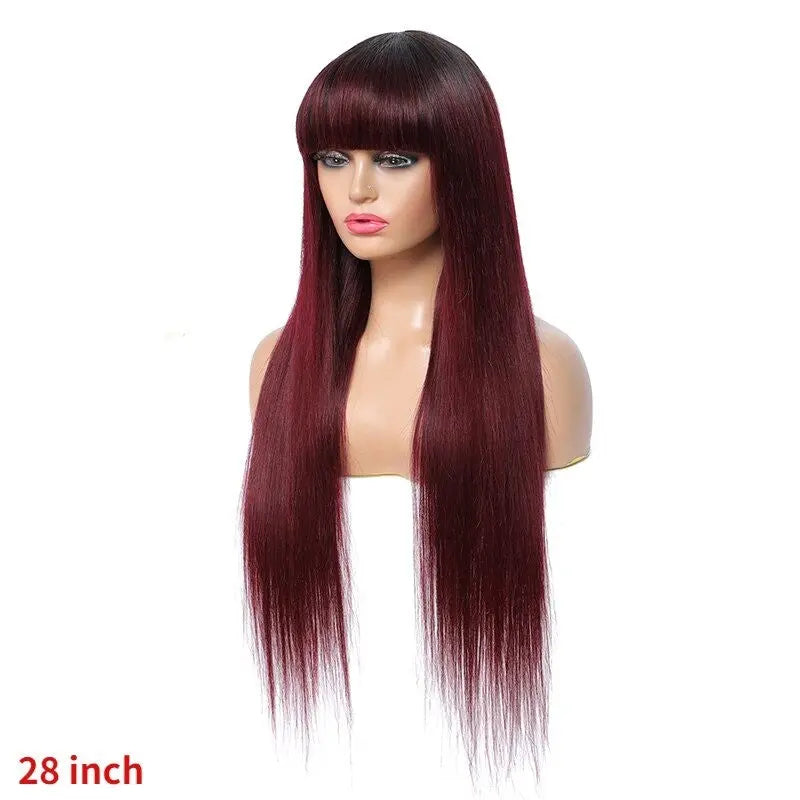 #1B/99J Brazilian Straight Human Hair Wigs with Bangs #99J No Glue Wig - GLR SHOPPING