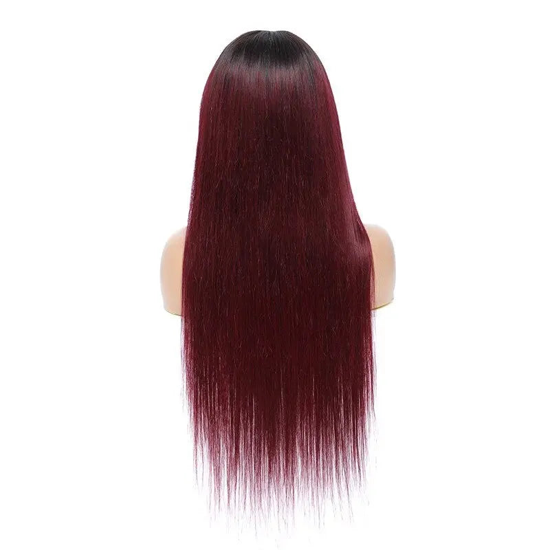 #1B/99J Brazilian Straight Human Hair Wigs with Bangs #99J No Glue Wig - GLR SHOPPING