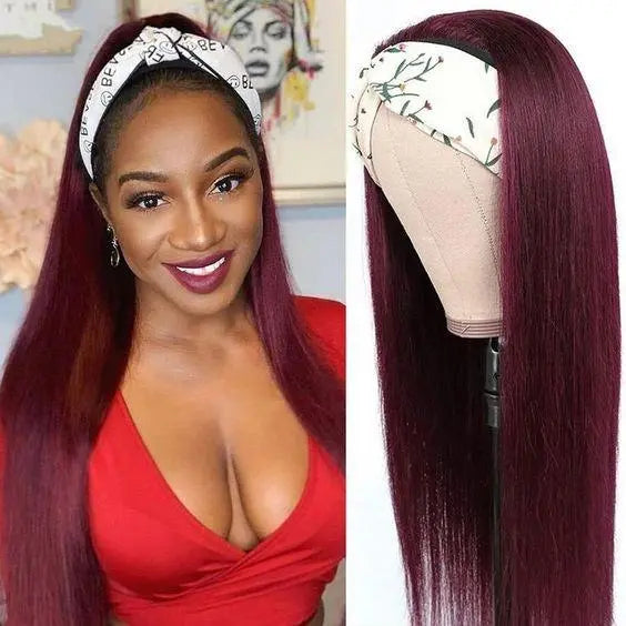 Burgundy Headband Straight Human Hair Wig #99J  Scarf Wig No GLUE Easy - GLR SHOPPING